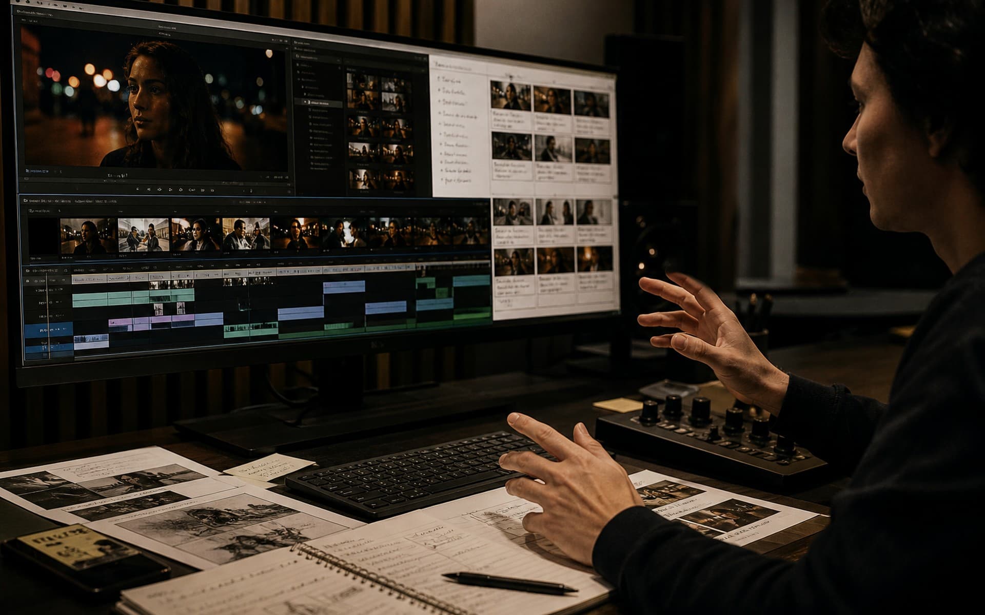 Creative director reviewing storyboard sketches and scene sequencing on an editing timeline, editorial context image
