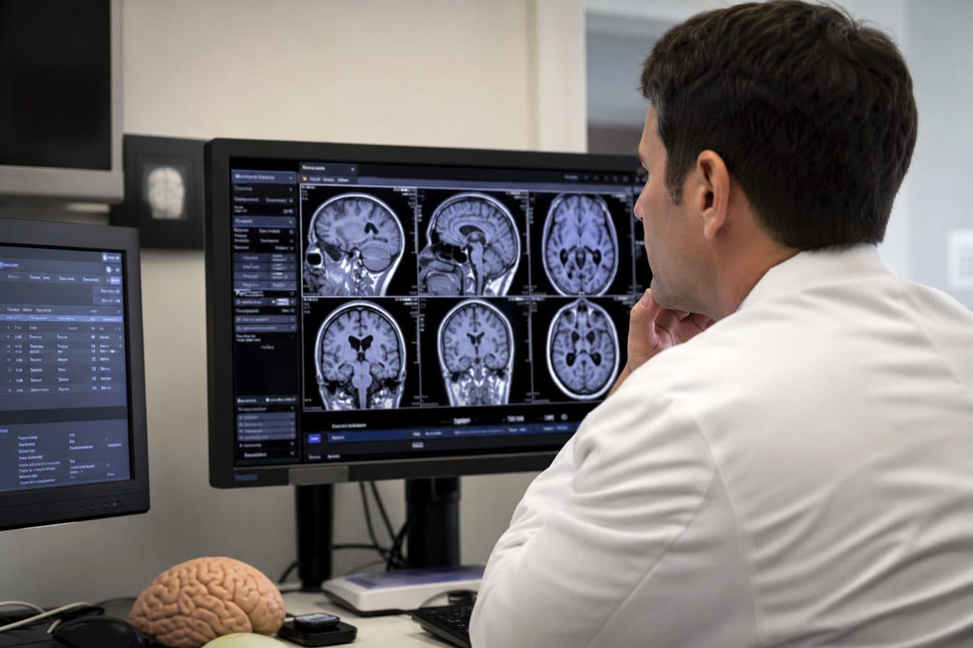 Neurologist reviewing structural brain MRI for staging, editorial context image