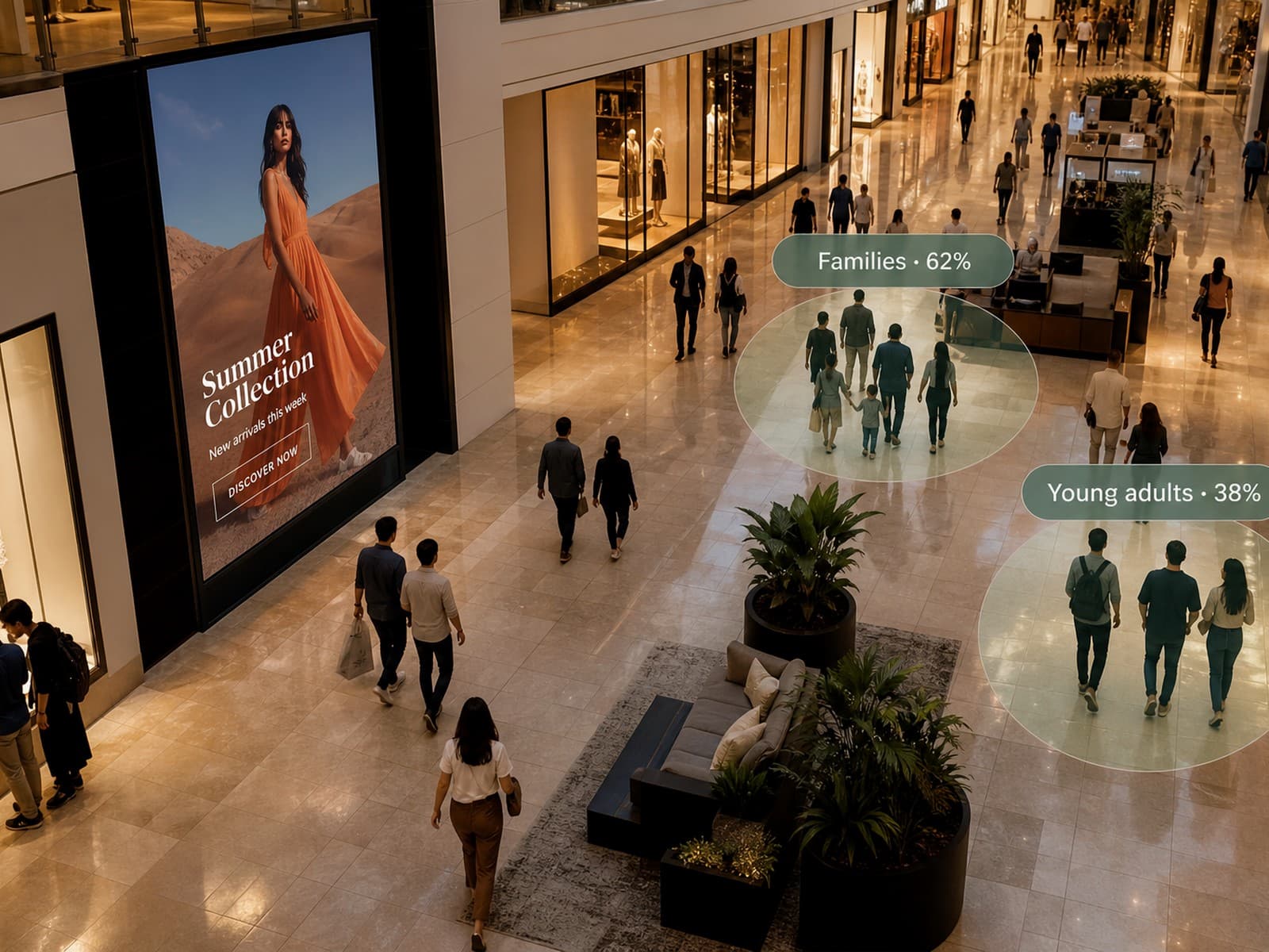 Shopping mall with aggregate audience labels and contextual digital display campaign selection, editorial context image