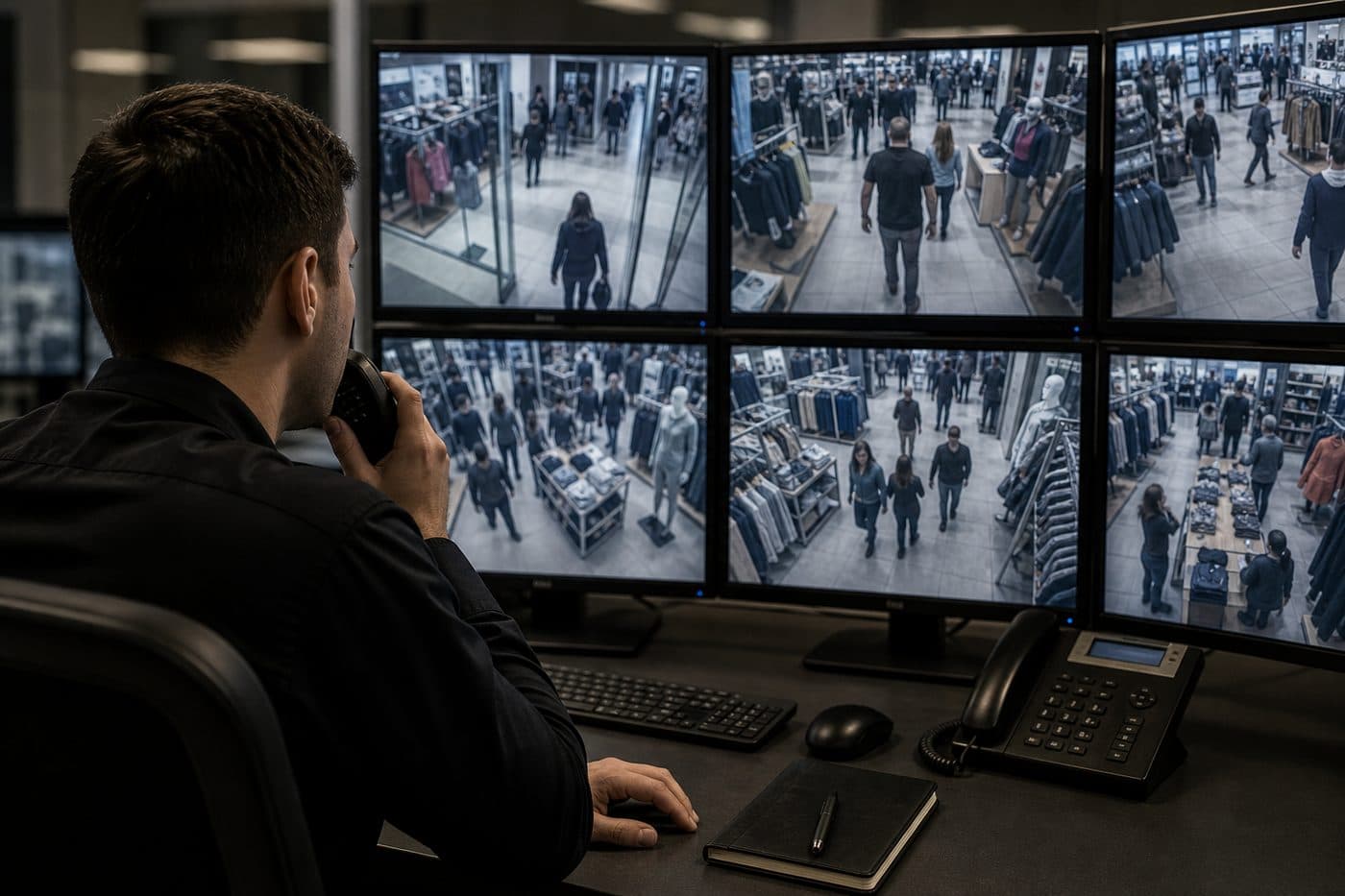 Security operator monitoring retail CCTV feeds in a control room, editorial context image