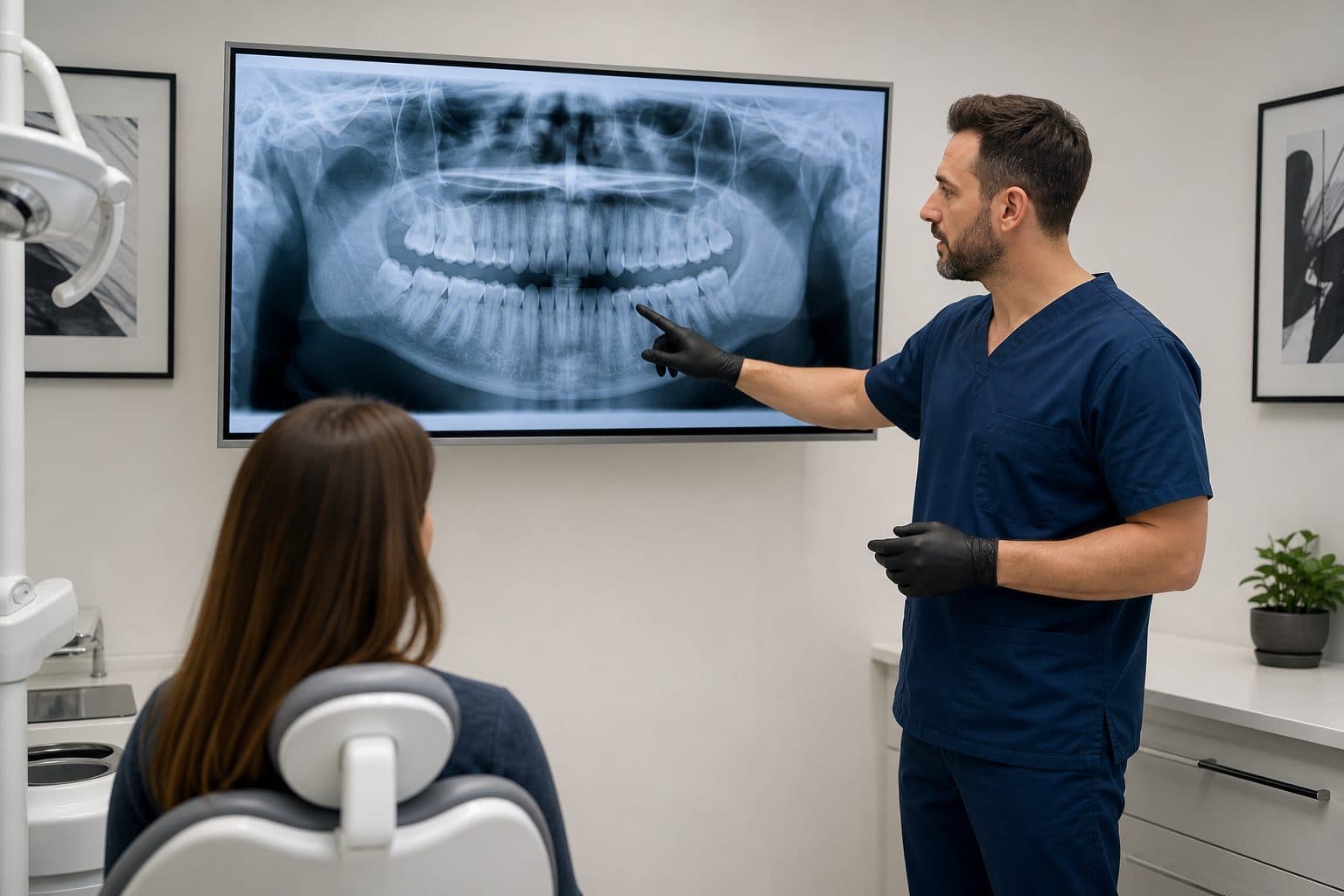 Dentist reviewing a panoramic dental X-ray on a monitor, editorial context image