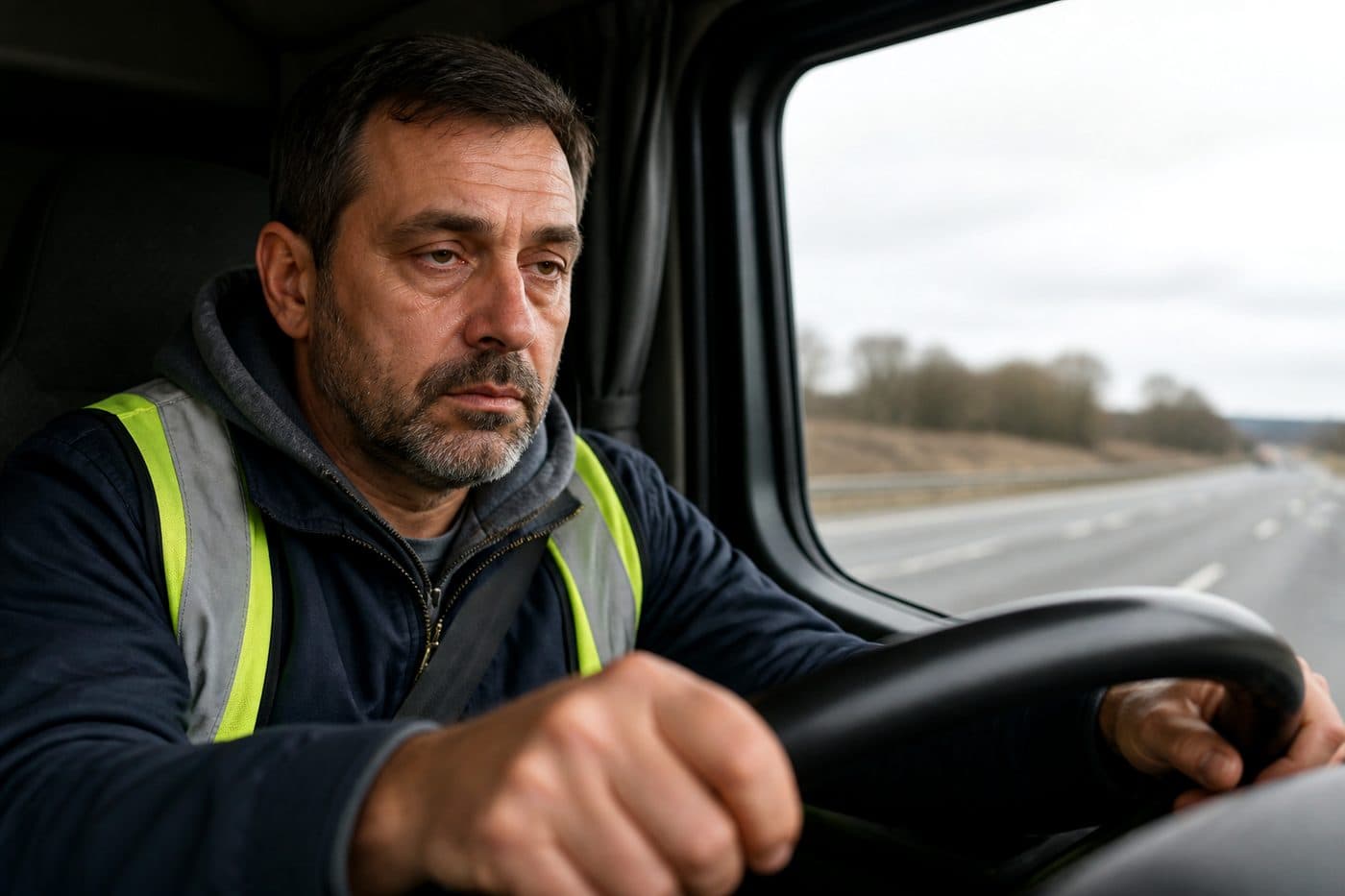 Truck driver face in cabin at the wheel, editorial context image