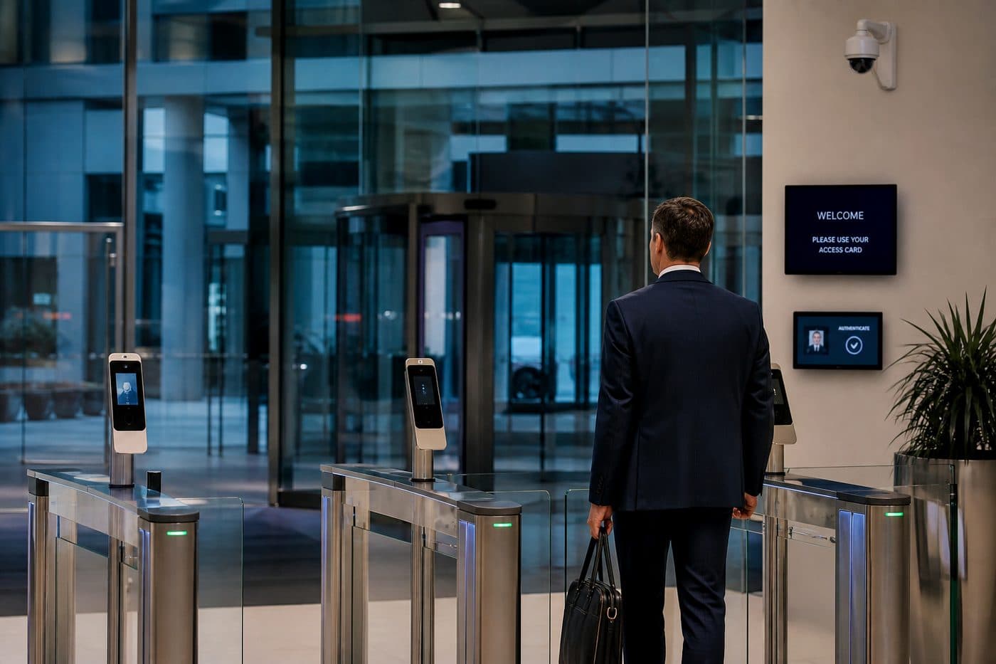 Secure building entrance with turnstile and access camera, editorial context image