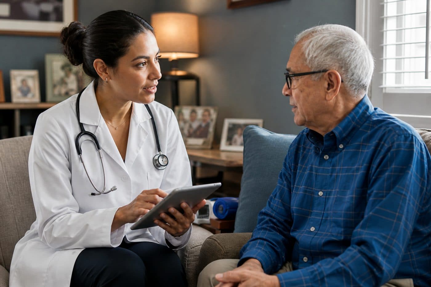 Physician on a home visit with patient and tablet, editorial context image