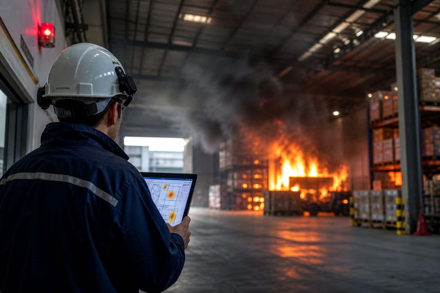 Warehouse interior with visible smoke and fire glow, editorial context image