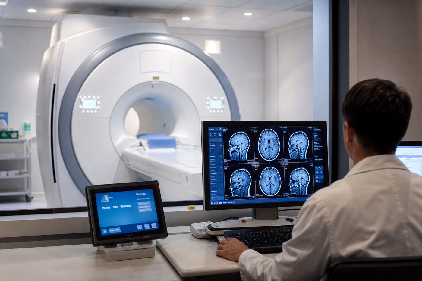 MRI scanner room with radiologist reviewing brain scans, editorial context image