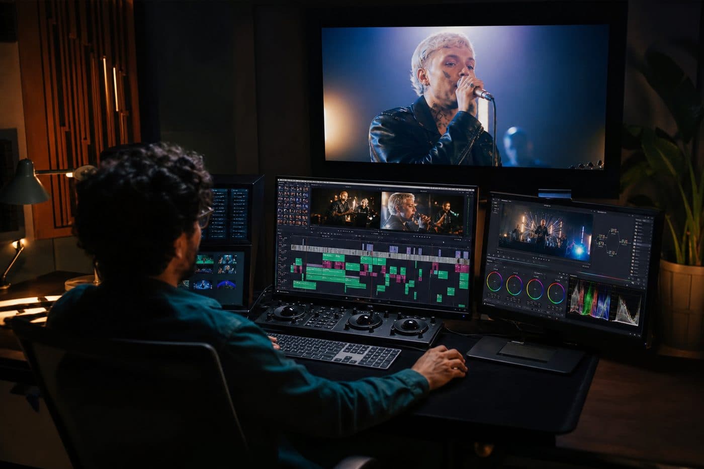 Music video editor at a post-production workstation with timeline monitors, editorial context image