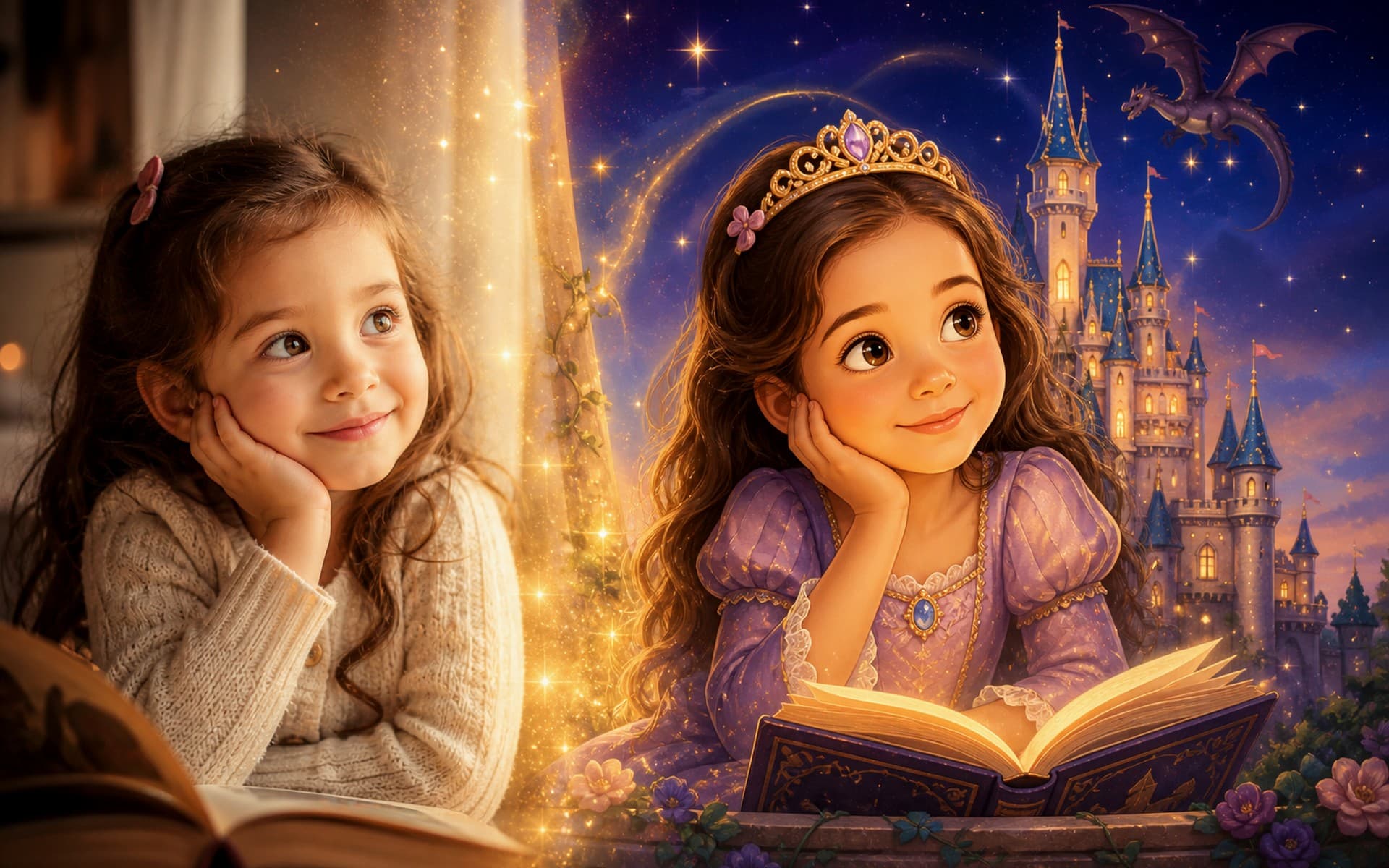 Real child photograph transforming into personalized illustrated story character with magical transition, editorial context image