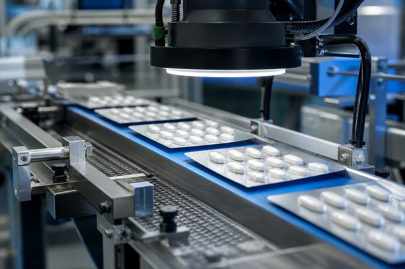 Blister pack pharmaceutical packaging line on a conveyor belt, editorial context image