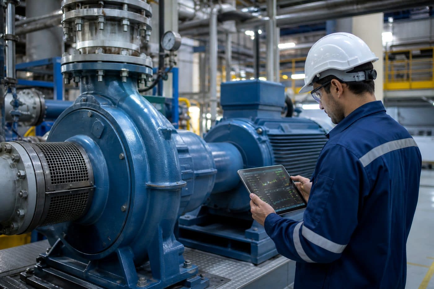 Industrial pump machinery with technician monitoring condition, editorial context image