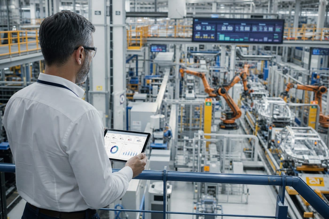 Manufacturing assembly line with production planning dashboard, editorial context image