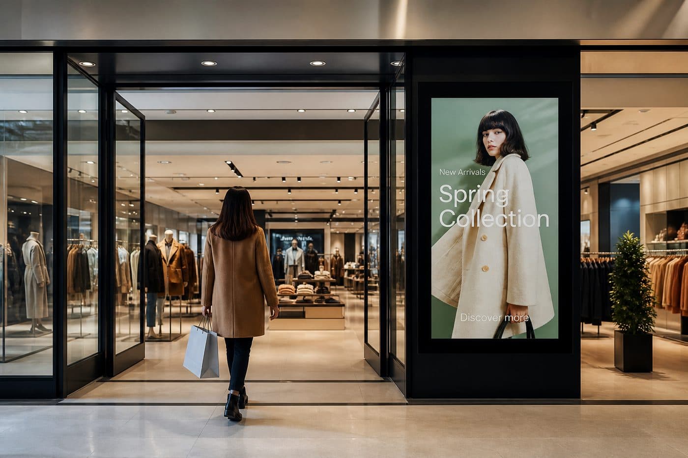 Retail store entrance with customer and digital display screen, editorial context image