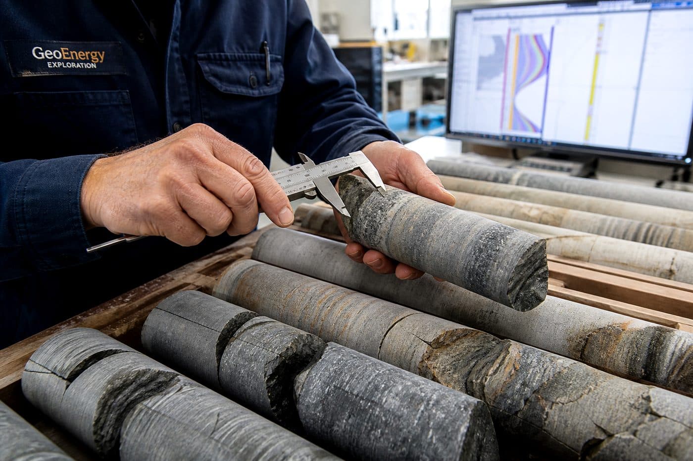 Geologist inspecting cylindrical rock core samples in a laboratory, editorial context image