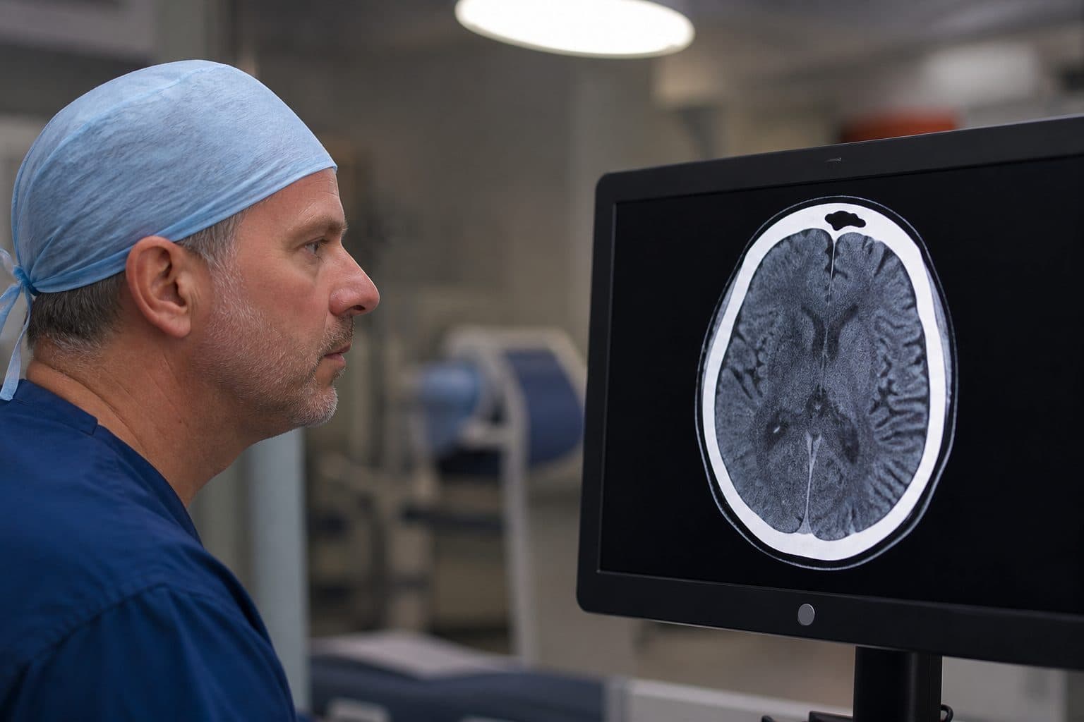 Physician reviewing a brain CT scan on a clinical monitor, editorial context image