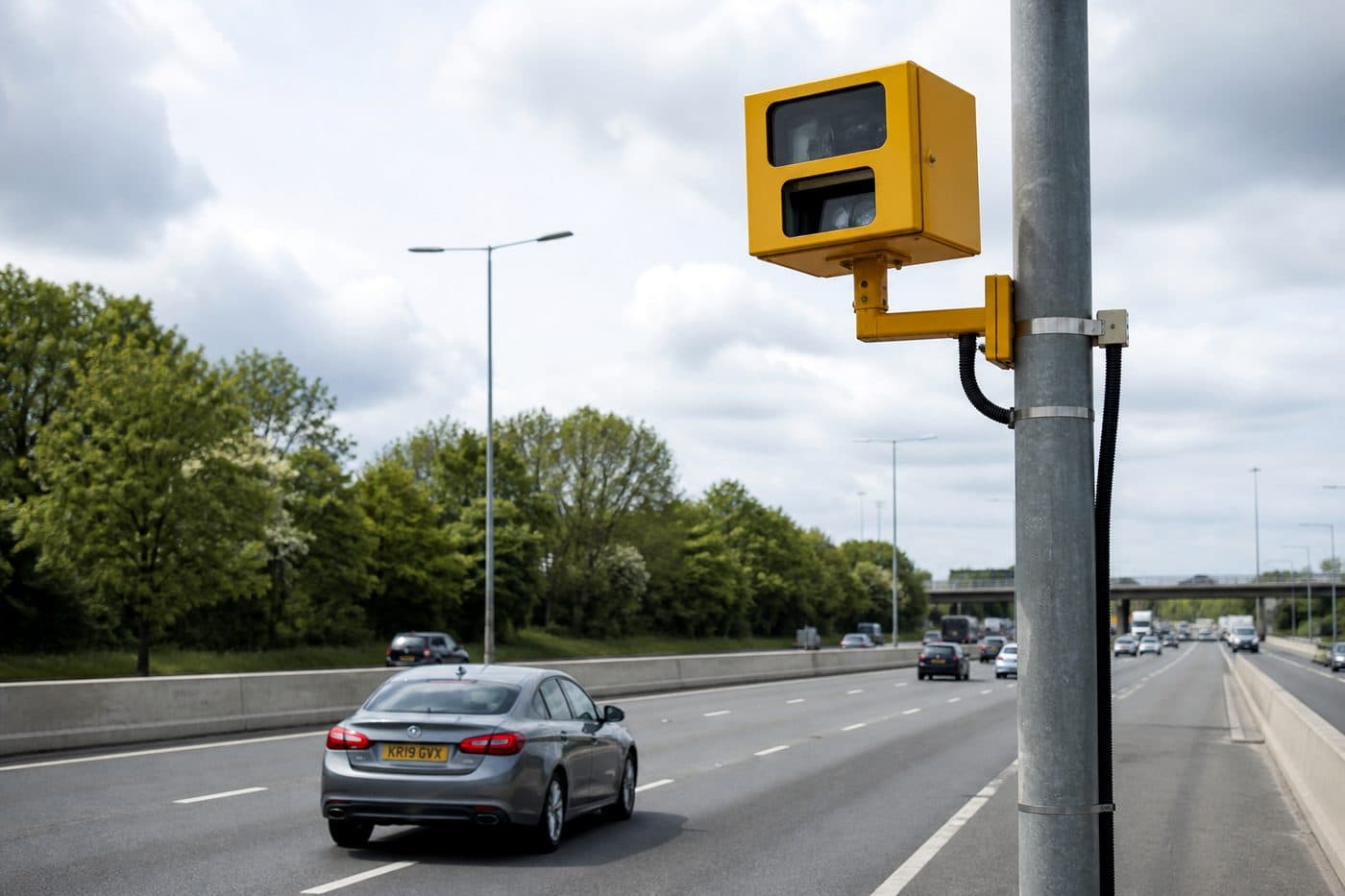 Roadside speed enforcement camera above a highway with visible license plate, editorial context image