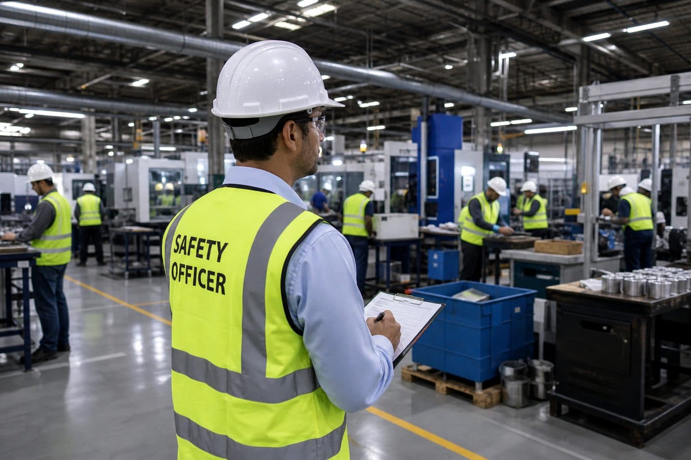 Manufacturing floor workers in hard hats and safety vests, editorial context image
