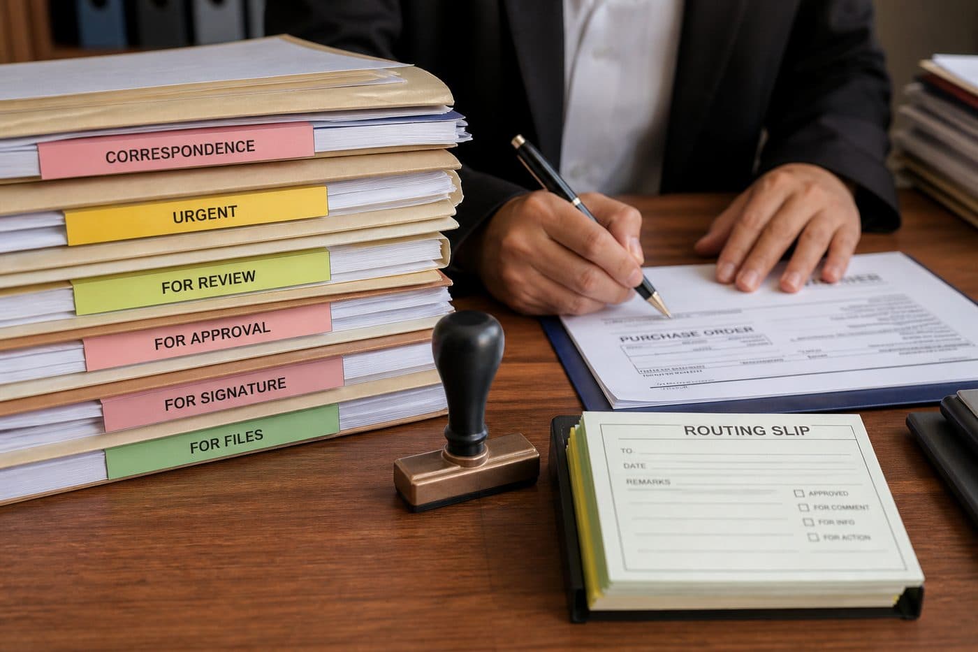 Administrative correspondence folders with approval stamps and routing slips, editorial context image